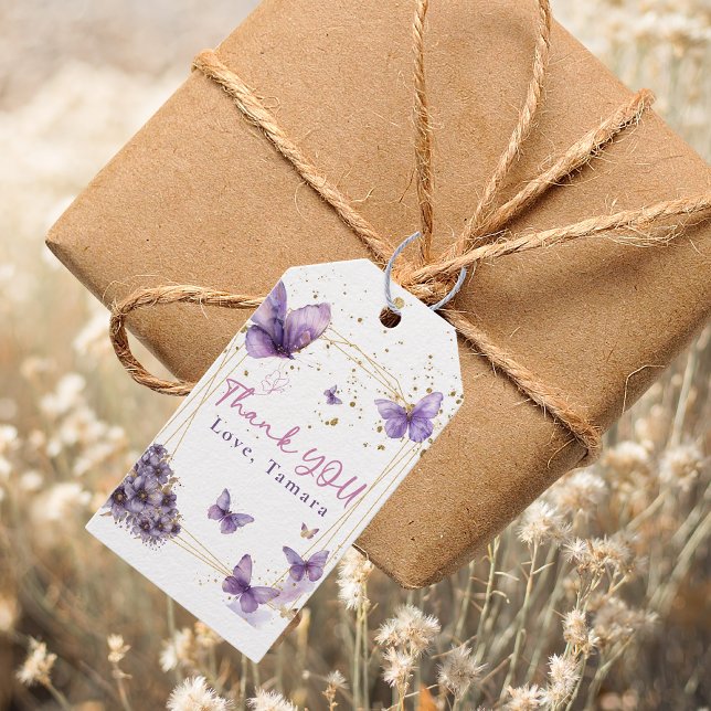 Étiquettes-cadeau Fête de Baby Shower Papillon Floral Violet Or (Créateur téléchargé)
