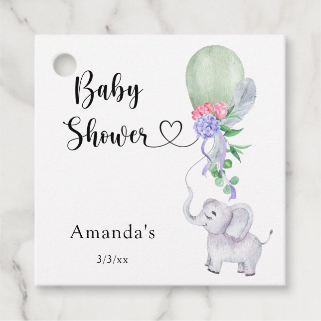 Étiquettes Cadeau Fête de bébé ballon et éléphant (Devant)