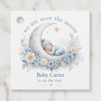 Étiquettes Cadeau Fête de bébé bleu Outre-Moon avec nom personnalisé