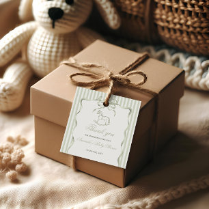 Étiquettes Cadeau Fête de bébé Cheval à bascule Olive Neutre Vintage