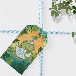 Étiquettes-cadeau Fête de bébé dinosaure aquarelle vert aqua