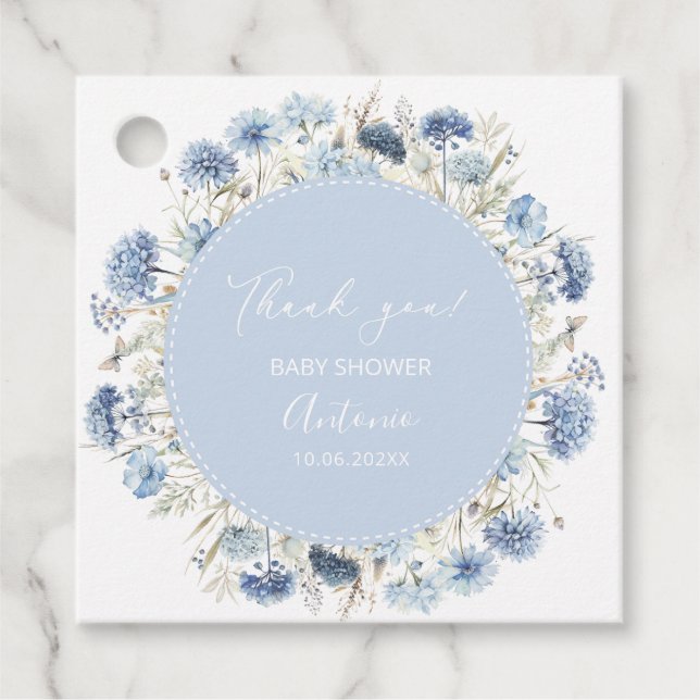 Étiquettes Cadeau Fête de bébé fille bleu aquarelle garçon  (Devant)