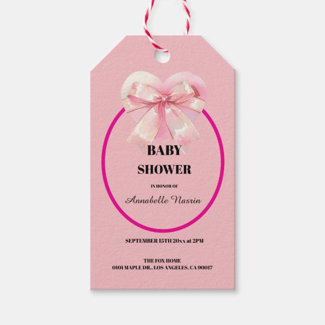 Étiquettes-cadeau Fête de Bébé Fille Ruban Rose Coquette (Devant)
