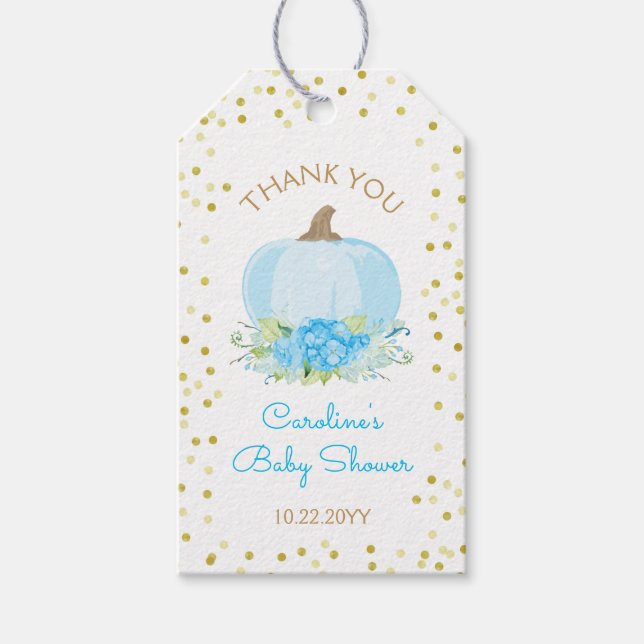 Étiquettes-cadeau Fête de bébé garçon citrouille bleu boho aquarelle (Devant)