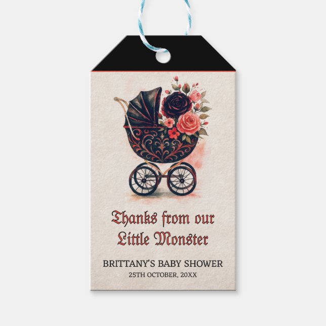 Étiquettes-cadeau Fête de bébé Halloween poussette gothique (Devant)