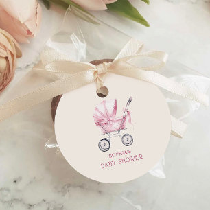 Étiquettes Cadeau Fête de Bébé Landau Vintage Rose