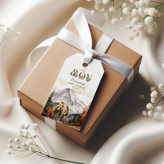 Étiquettes-cadeau Fête de bébé « Oh Boy » ours en bois rustique (Créateur téléchargé)