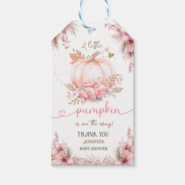 Étiquettes-cadeau Fête de Bébé Petite Citrouille Fille Rose Automne (Devant)
