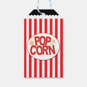 Étiquettes-cadeau Fête de cinéma à rayures rouges et blanches Popcor