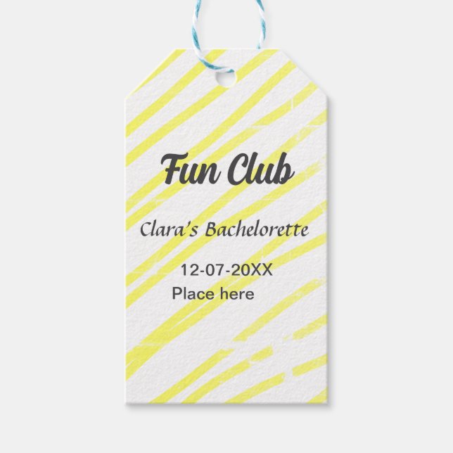 Étiquettes-cadeau Fête de club de célibataire jaune lignes arrière-p (Devant)