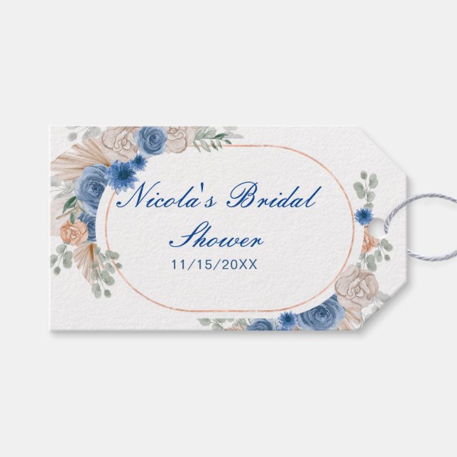 Étiquettes-cadeau Fête de douche de mariée Blue Boho Herbe de Pampas (Devant (Horizontal))