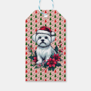 Étiquettes-cadeau Fête de fleurs Chien maltais avec Santa Hat Chien
