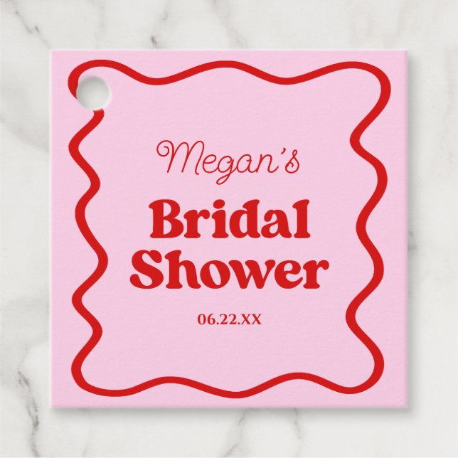 Étiquettes Cadeau Fête de mariage avec bordure ondulée rose rouge (Devant)