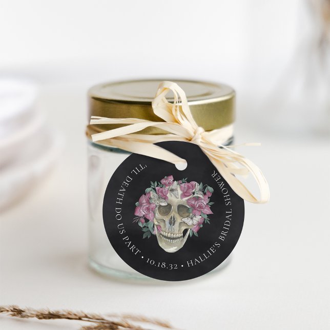 Étiquettes Cadeau Fête de mariage avec crâne floral d'orchidée rose  (Créateur téléchargé)