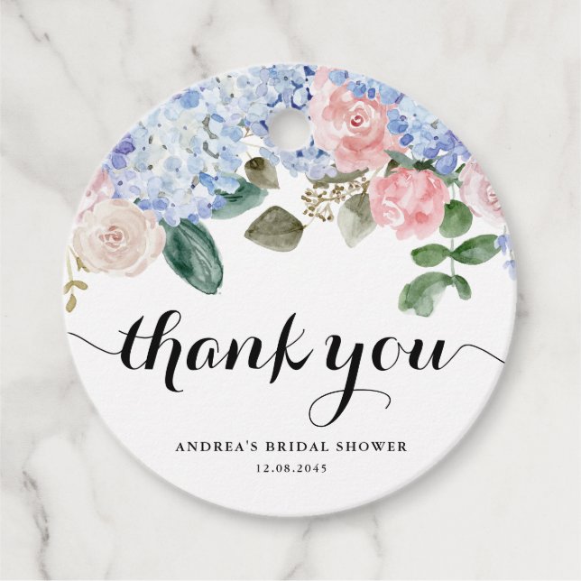Étiquettes Cadeau Fête de mariage avec Hydrangea bleue et rose rose (Devant)