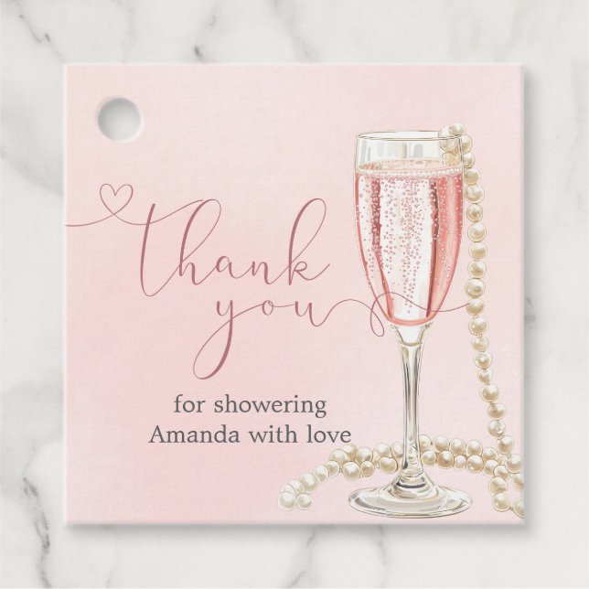 Étiquettes Cadeau Fête de mariage avec perles et Prosecco rose  (Devant)