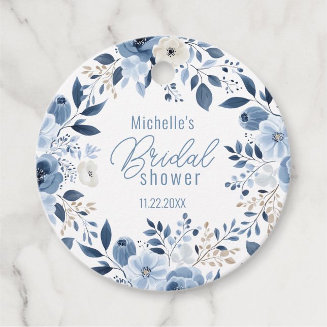 Étiquettes Cadeau Fête de Mariage Bohème Florale Bleu Poussière Mode (Devant)