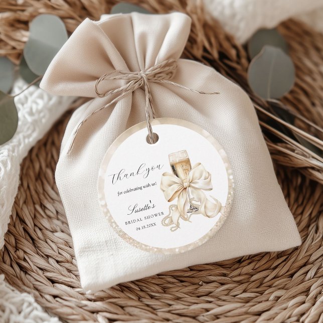 Étiquettes Cadeau Fête de mariage Champagne & Perles Merci (Champagne and Pearls Bridal Shower Thank you favor tag)