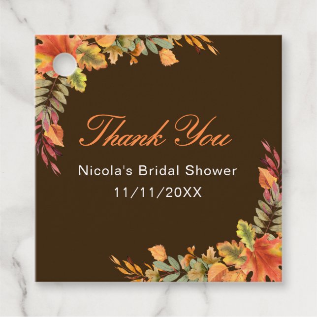 Étiquettes Cadeau Fête de Mariage Champêtre aux Feuilles d'Automne (Devant)