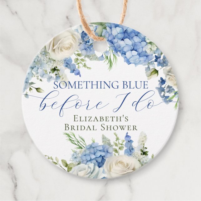 Étiquettes Cadeau Fête de mariage élégante avec hydrangea bleu ciel (Devant)