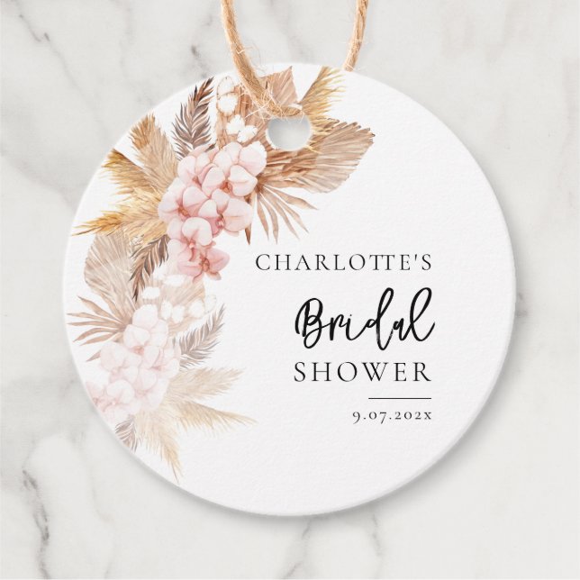 Étiquettes Cadeau Fête de Mariage Fleurs Roses Herbe de Pampa (Devant)