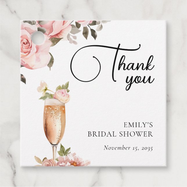 Étiquettes Cadeau Fête de mariage floral aux pétales et prosecco (Devant)