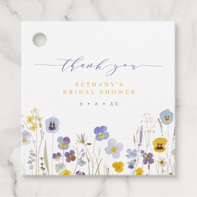 Étiquettes Cadeau Fête de mariage floral Bleu et Jaune Merci (Devant)