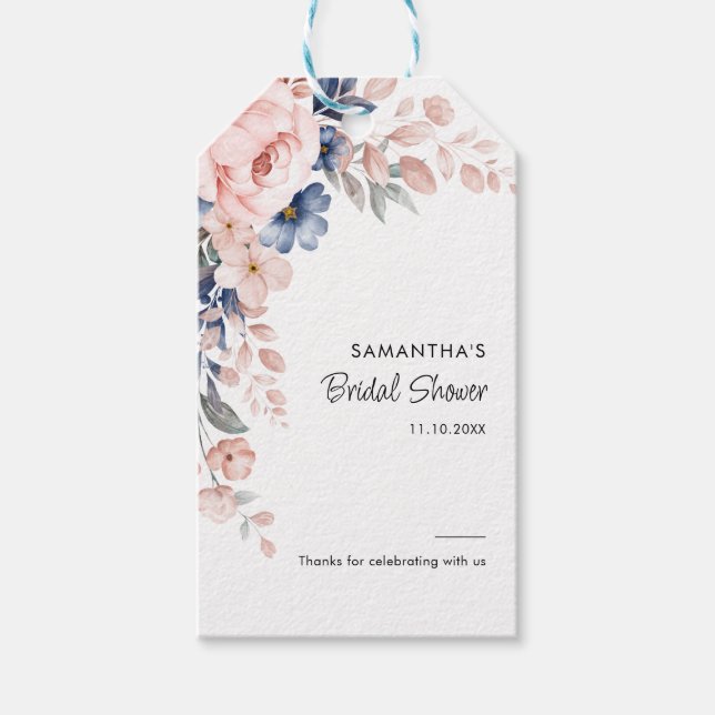 Étiquettes-cadeau Fête de mariage Floral Bleu Rose Script (Devant)