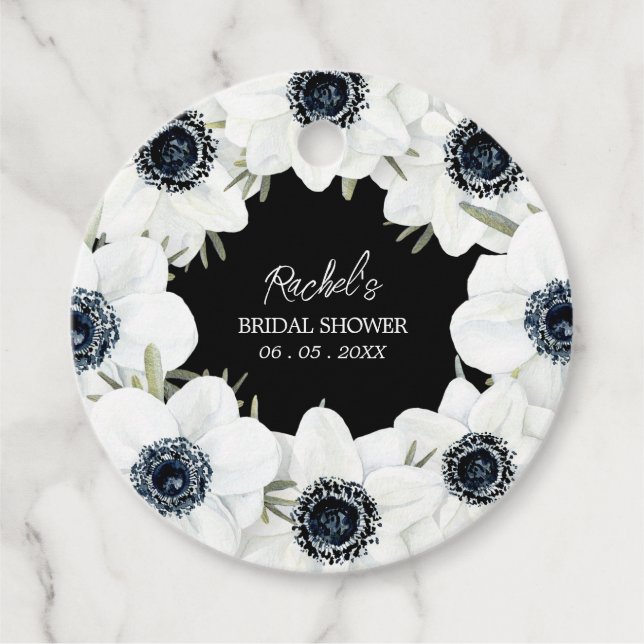 Étiquettes Cadeau Fête de mariage floral noir et blanc (Devant)