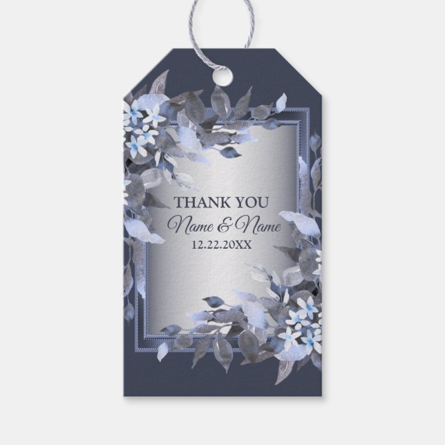 Étiquettes-cadeau Fête de mariage Marine bleu Floral Silver Grey mod (Devant)