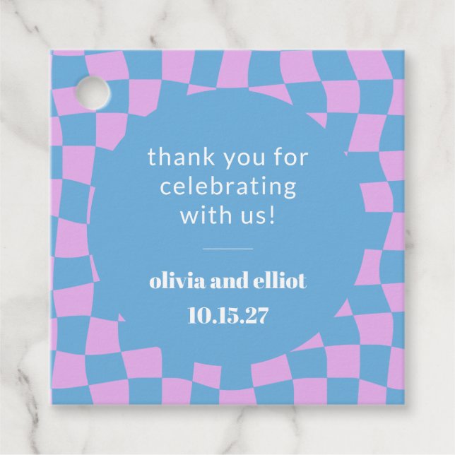 Étiquettes Cadeau Fête de mariage personnalisée rétro violet damier  (Devant)
