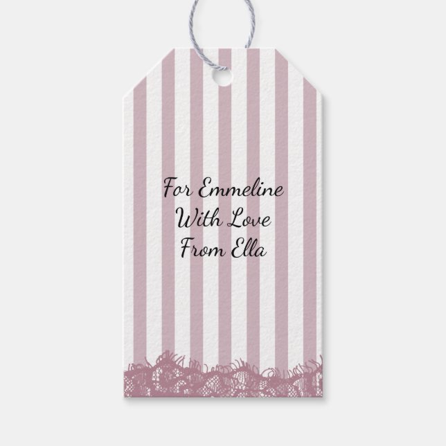 Étiquettes-cadeau Fête de mariage rayures roses et dentelle (Devant)