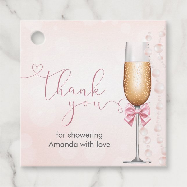 Étiquettes Cadeau Fête de mariage rose Perles et Prosecco  (Devant)