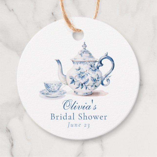 Étiquettes Cadeau Fête de mariage thème Tasse de thé Floral Bleu (Devant)