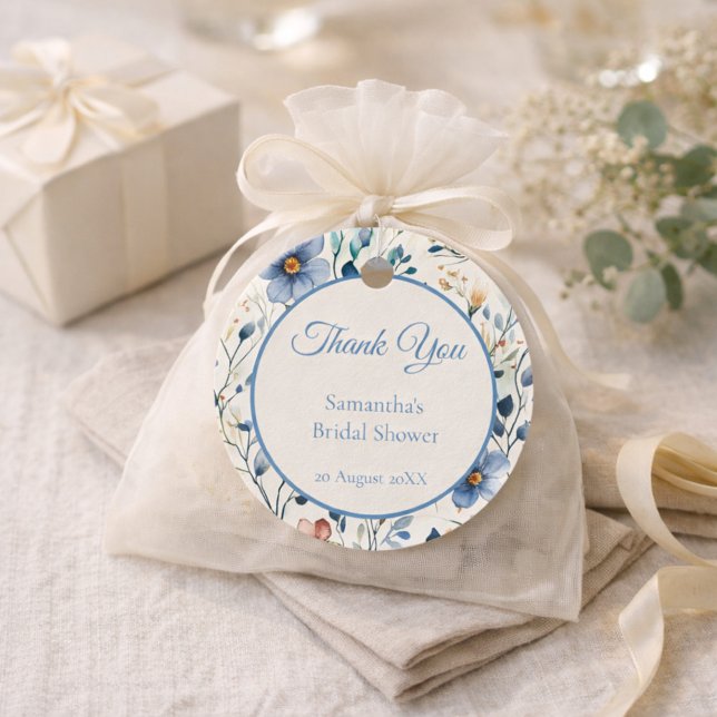 Étiquettes Cadeau Fête de Mariée Aquarelle Florale Bleu Poussiéreux (Créateur téléchargé)