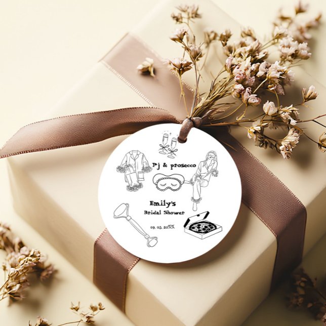Étiquettes Cadeau Fête de Mariée Pyjama et Prosecco Dessinée à la Ma (Créateur téléchargé)