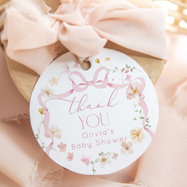 Étiquettes Cadeau Fête de naissance bébé en fleurs à ruban rose (Créateur téléchargé)