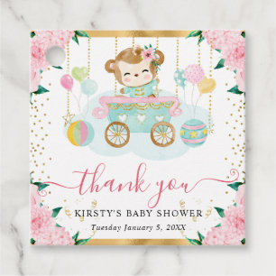 Étiquettes Cadeau Fête de naissance bébé fleuri singe cirque rose aq