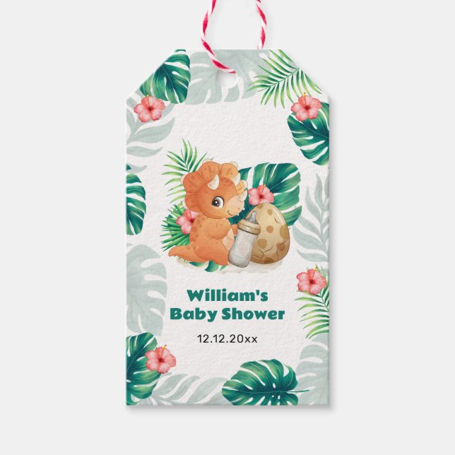 Étiquettes-cadeau Fête de Naissance de Bébé Fleur Tropicale Dinosaur (Devant)