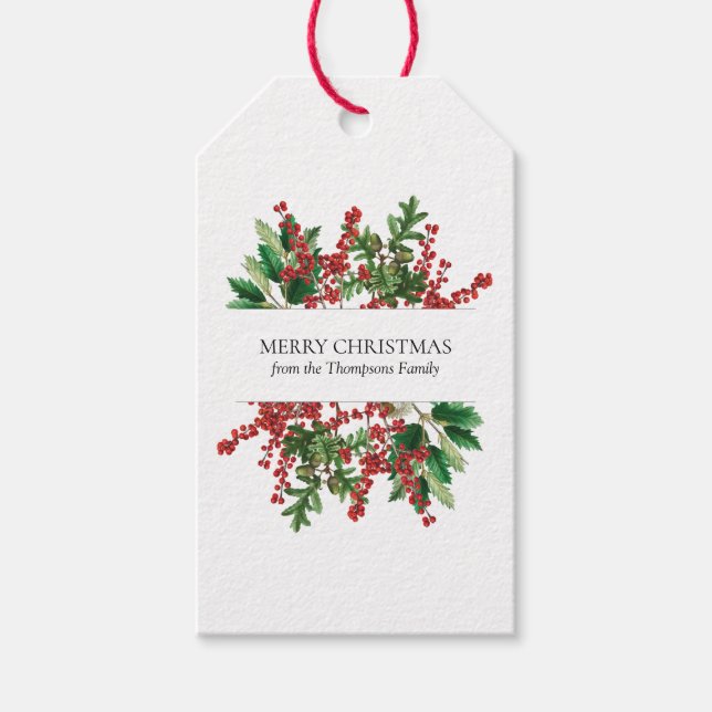 Étiquettes-cadeau Fête de Noël Berries Acorn À feuillage persistant (Devant)