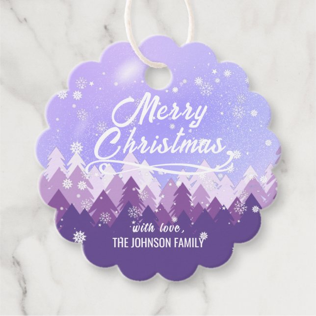 Étiquettes Cadeau Fête de Noël de la forêt paisible de neige violett (Devant)