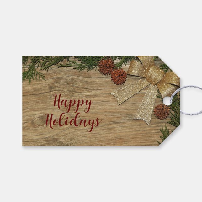 Étiquettes-cadeau Fête de Noël Golden Green Feuilles Rouge Russe (Devant (Horizontal))