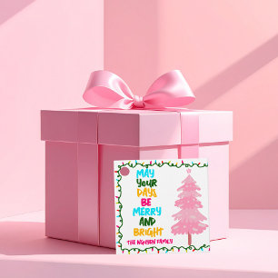 Étiquettes Cadeau Fête de Noël personnalisée rose joyeuse et lumineu