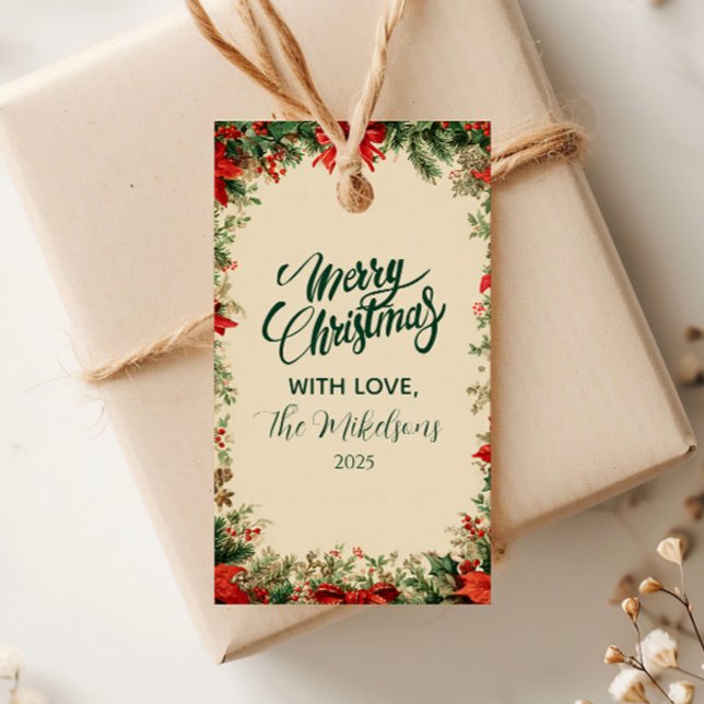 Étiquettes-cadeau Fête de Noël Rustique Poinsettia Pine (Créateur téléchargé)