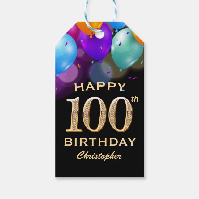 Étiquettes-cadeau Fête des 100 ans Anniversaire Ballons noirs et or (Devant)