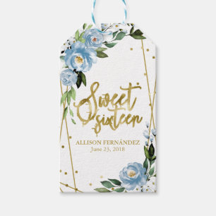 Étiquettes-cadeau Fête des 16 ans papier doré floral bleu poudré