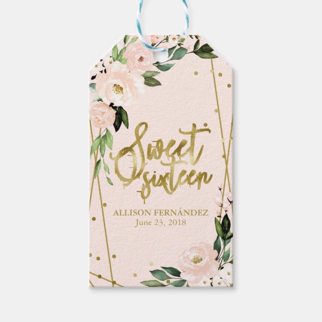 Étiquettes-cadeau Fête des 16 ans papier doré floral rose pâle (Devant)