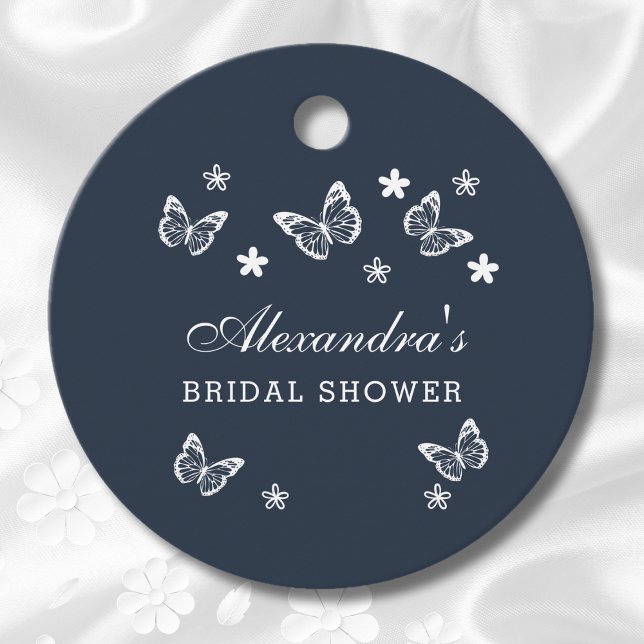 Étiquettes Cadeau Fête des mariées à papillon bleu marine Merci (Créateur téléchargé)