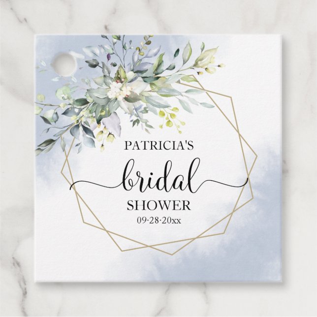 Étiquettes Cadeau Fête des mariées bleue géométrique Dusty vert Favo (Devant)