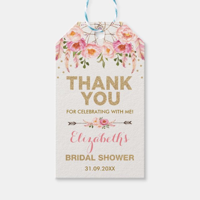 Étiquettes-cadeau Fête des mariées Boho Pink Gold Flowers Faveurs (Devant)